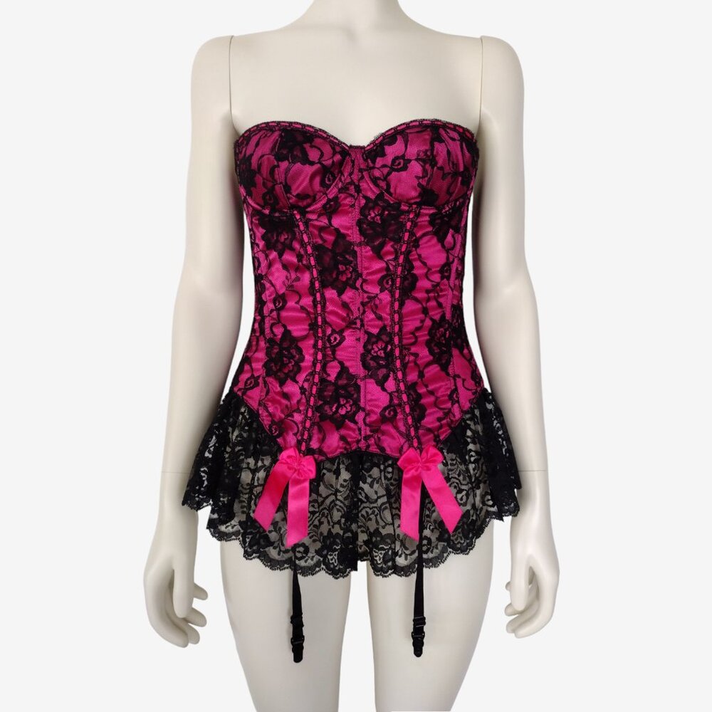 Vintage 1990s NWOT Pink Satin Black Lace Boned Longline Corset With Garters
